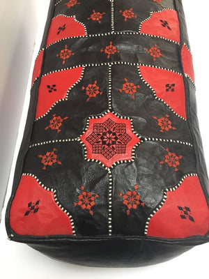 Vintage Moroccan Leather Rectangular Pouf in Red and Black