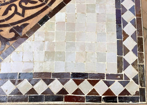 Moroccan Mosaic Tile Side table on Iron Base, Brown and White