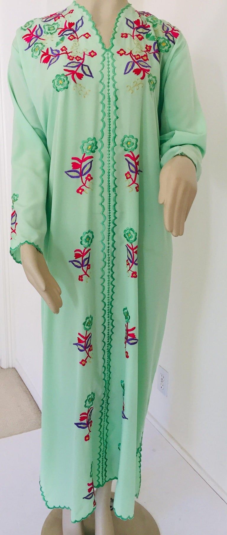 Moroccan Green with Floral Embroidered Caftan, Kaftan