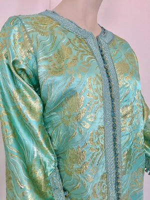 Moroccan Kaftan in Aqua and Gold Floral Brocade Metallic Lame