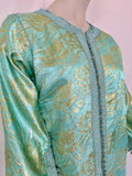 Moroccan Kaftan in Aqua and Gold Floral Brocade Metallic Lame