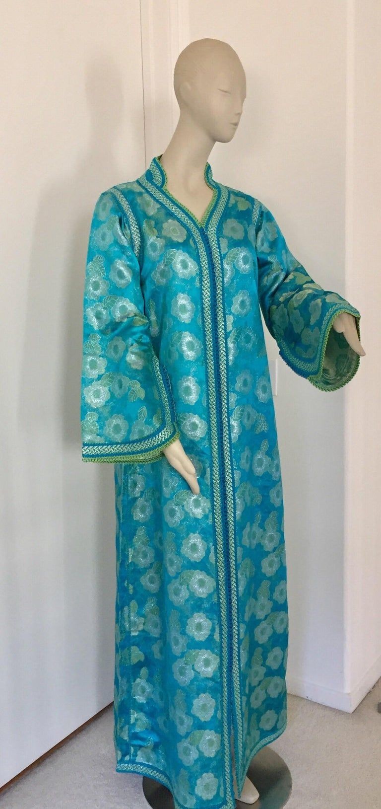 Moroccan Kaftan in Turquoise and Gold Floral Brocade Metallic Lame
