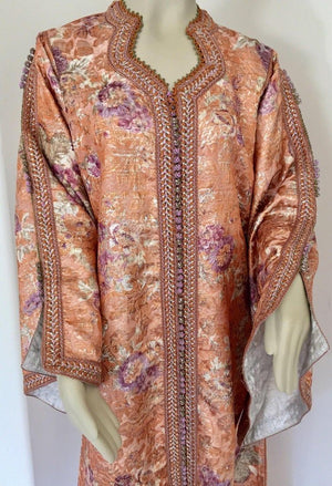 Moroccan Kaftan Orange and Purple Floral with Gold Embroidered Maxi Dress Caftan