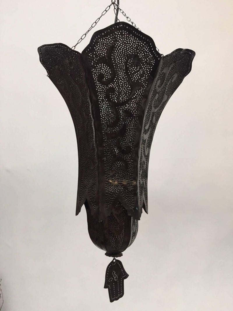 Moorish Handcrafted Metal Lanterns Pendants with Hand of Fatima, North Africa