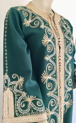 Vintage Moroccan Caftan Emerald Green Maxi Dress, circa 1970 Size M