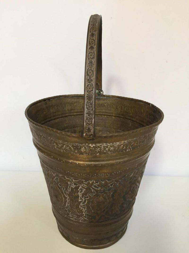 Handcrafted Copper Vessel Bucket with Floral Design, India