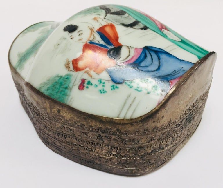 Vintage Trinket Metal Box with Porcelain Top Hand Painted Asian Scene