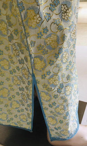 Metallic Blue and Silver Brocade 1970s Maxi Dress Caftan, Evening Gown Kaftan