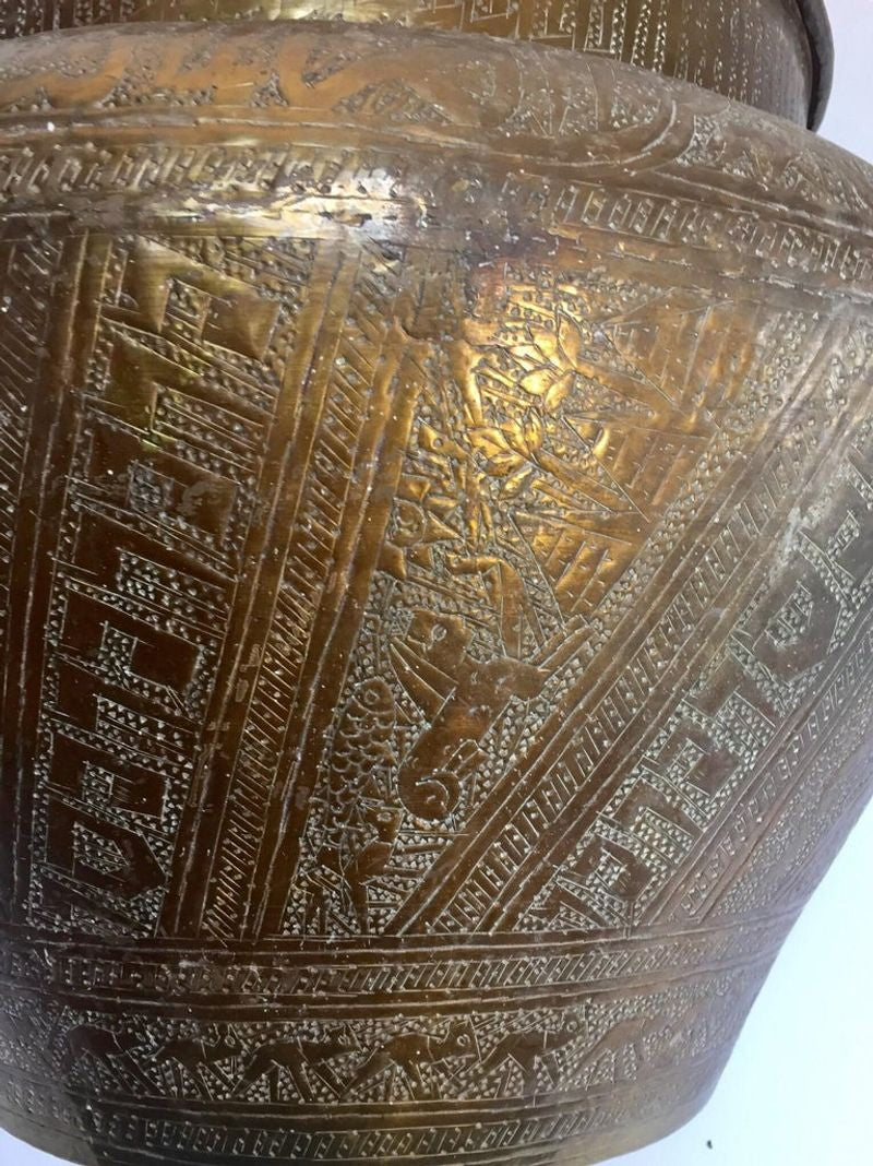 Middle Eastern Egyptian Hebraique Revival Hand Etched Brass Pot Jardiniere