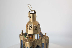 Moroccan Candle Lantern in Moorish Gilt Metal and Glass