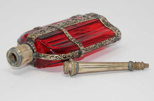 Moroccan Red Glass Perfume Bottle Sprinkler with Embossed Metal Overlay