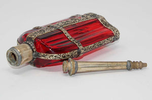 Moroccan Red Glass Perfume Bottle Sprinkler with Embossed Metal Overlay