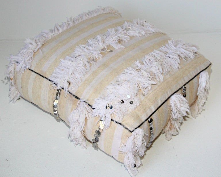 Moroccan White Floor Pillow with Silver Sequins and Long Fringes