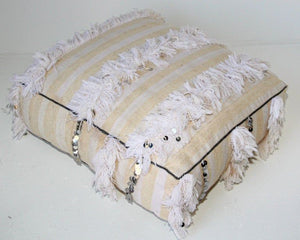 Moroccan White Floor Pillow with Silver Sequins and Long Fringes