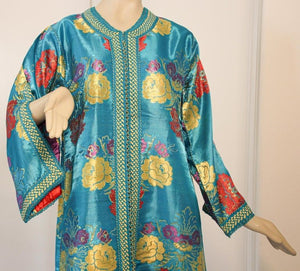 Elegant Moroccan Caftan in Blue Metallic Floral Brocade