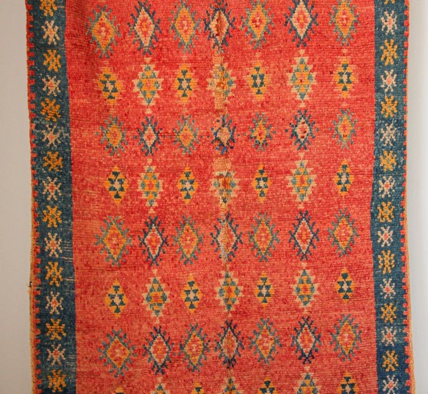 1960s Moroccan Berber Rug, Coral and Teal Geometric Wool, 4'10" × 9'10"
