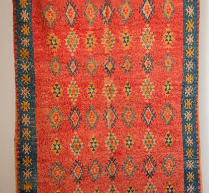 1960s Moroccan Berber Rug, Coral and Teal Geometric Wool, 4'10" × 9'10"