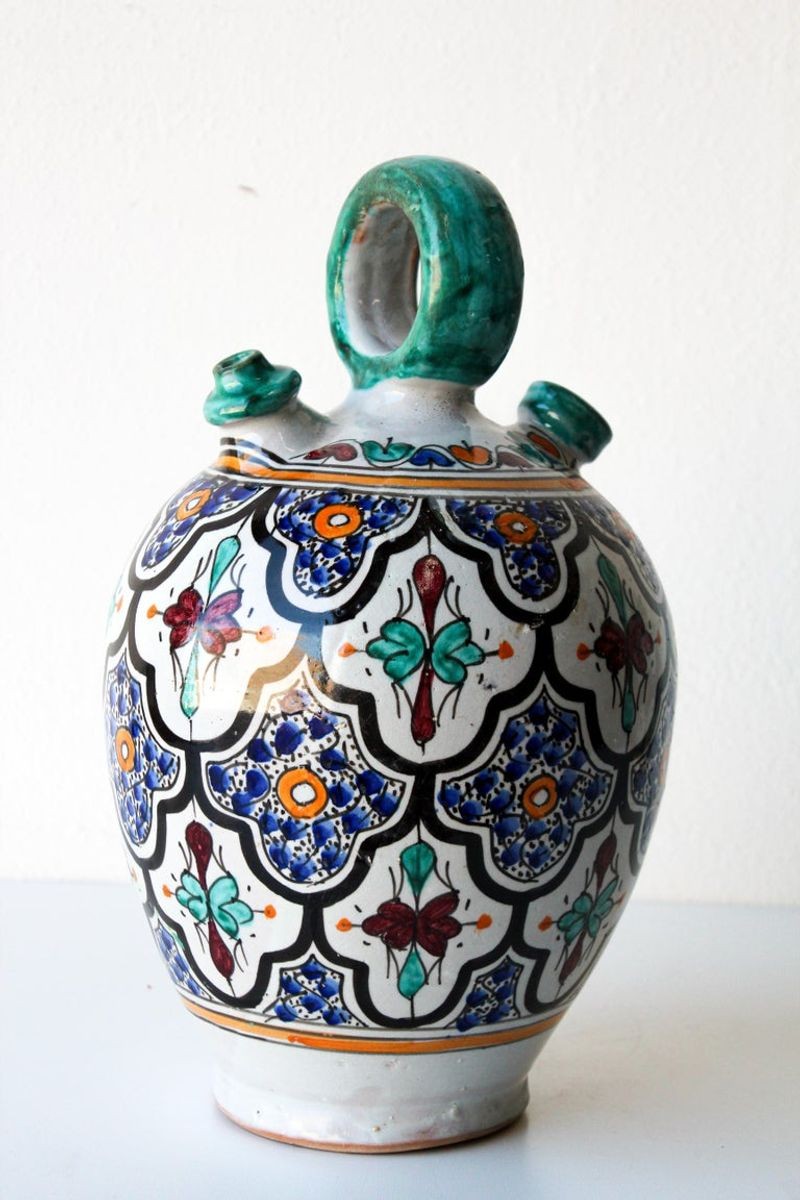 Moorish Ceramic Glazed Water Jug Handcrafted in Fez Morocco