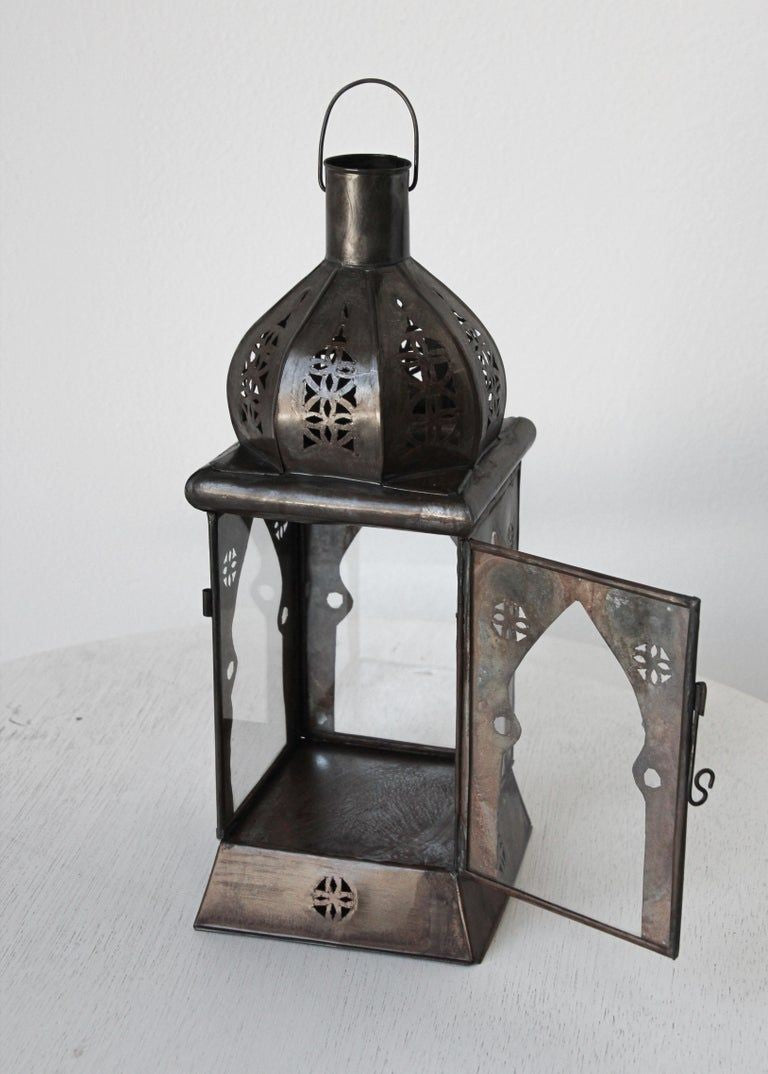Moroccan Square Tole and Clear Glass Candle Lantern