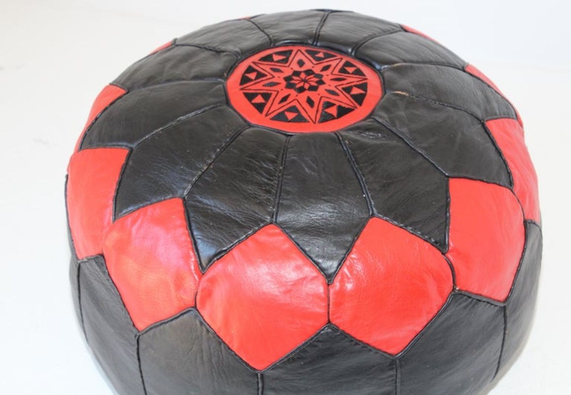 Vintage Moroccan Leather Pouf Hand-Tooled in Marrakesh Red and Black
