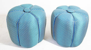 Pair of Vintage Art Deco Pouf Turquoise Upholstered Round Stool