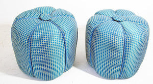 Pair of Vintage Art Deco Pouf Turquoise Upholstered Round Stools