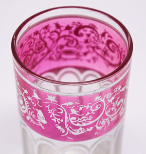 Set of Six Pink Glasses with Silver Raised Moorish Design