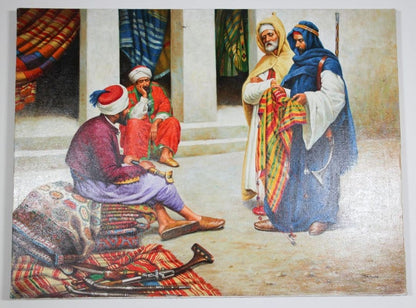Mid-20th Century Hand-Painted Oil: Moroccan Rug Market Scene
