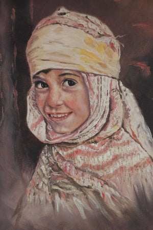 Vintage Orientalist Oil on Canvas A Portrait of A Young Girl