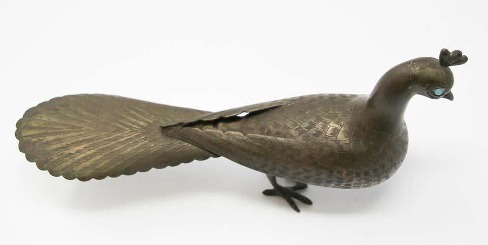 Islamic Qajar Style Damascene Metal Vintage Peacock Figurine, India