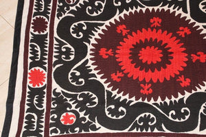 Vintage Samarkand Suzani, Uzbekistan Embroidered Textile Red and Black
