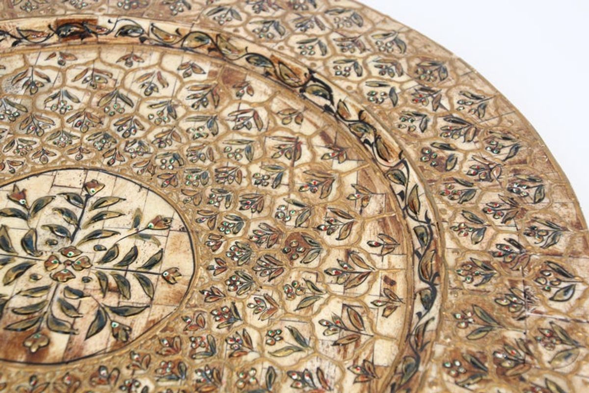 Indian Mughal style Overlaid and Hand Painted Metal Platter 1950