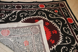 Vintage Red and Black Samarkand Suzani, Uzbekistan Embroidered Textile
