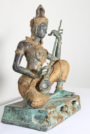 Asian Thai Gilt Vintage Bronze Statue of a Prince Playing Music