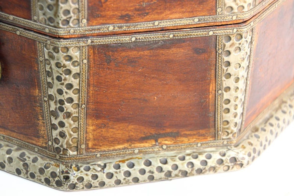 Large Asian Decorative Wooden Jewelry Box with Hammered Brass Metal Overlay