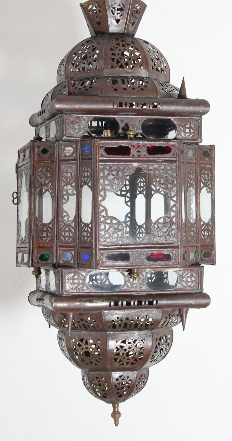 Vintage Moroccan Moorish Bronze Metal & Multicolor Glass Hanging Lantern