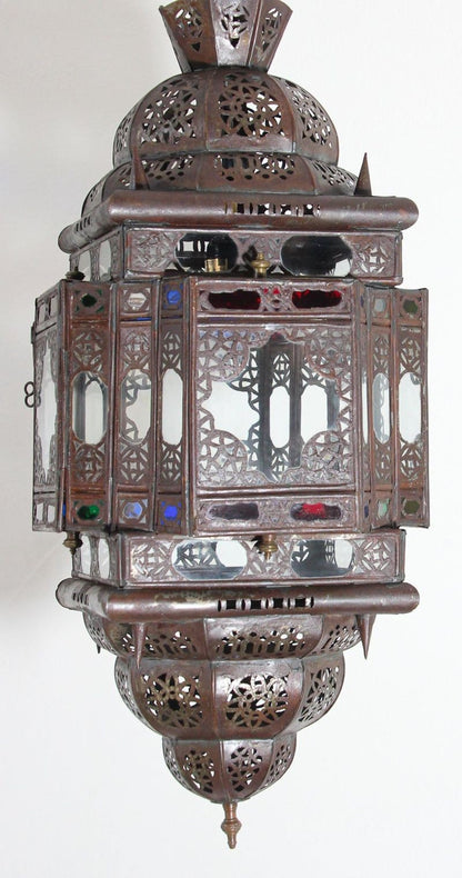 Vintage Moroccan Moorish Bronze Metal & Multicolor Glass Hanging Lantern