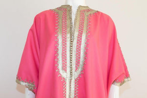 Moroccan Caftan Pink Color with Silver Trim, Vintage Kaftan circa 1970