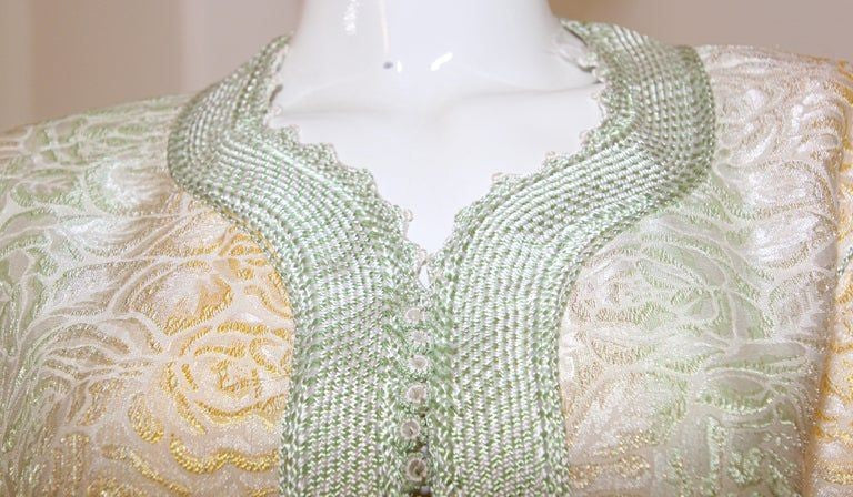 Vintage Moroccan Kaftan, Gold and Sage Damask Embroidered, ca. 1970s
