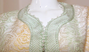 Vintage Moroccan Kaftan, Gold and Sage Damask Embroidered, ca. 1970s