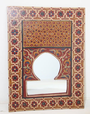 Vintage Moroccan Mirror Hand Painted with Red and Amber Moorish Design