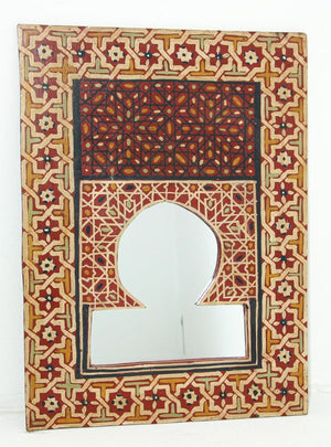 Vintage Moroccan Mirror Hand Painted with Red Moorish Design