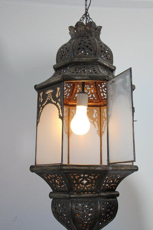 Moroccan Moorish Hanging Metal Lantern with Milky Glass