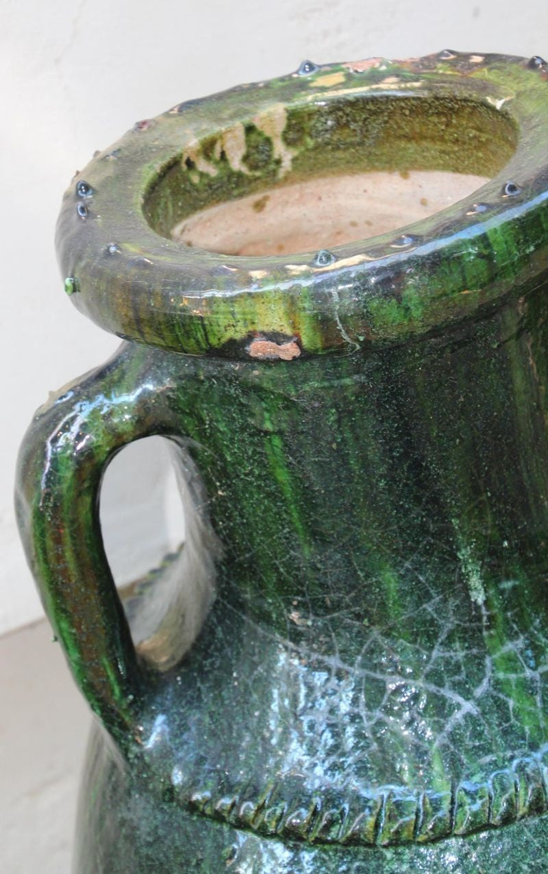 Vintage Moroccan Tamgroute Green Olive Jar with Handles