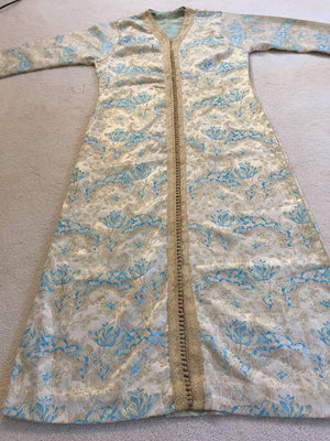 Moroccan Caftan, Turquoise and Gold Brocade Kaftan Size M to L