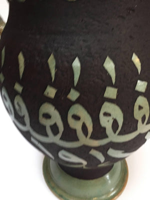 Pair of Green Moroccan Ceramic Vases with Chiseled Arabic Calligraphy Writing