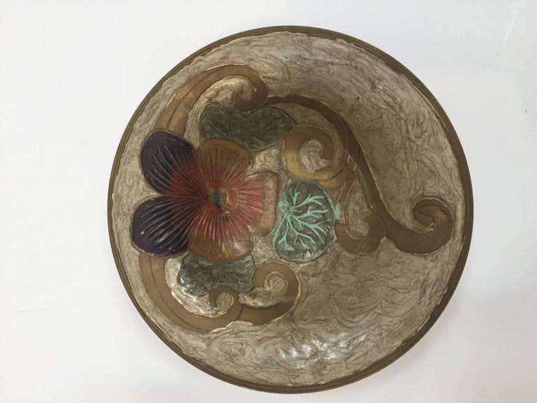 Art Nouveau A. Delbaux Brass Enameled Bowl, Made in France