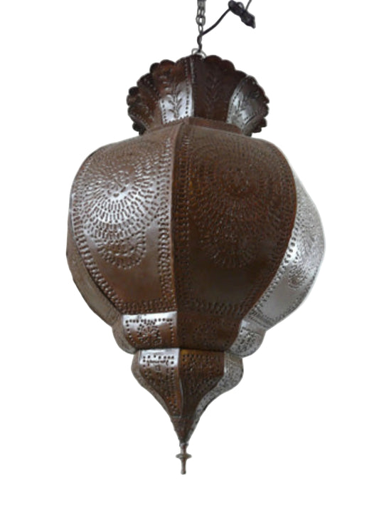 A Moroccan Moorish metal hanging lantern with a geometric design, predominantly in brown color, intended for indoor use.