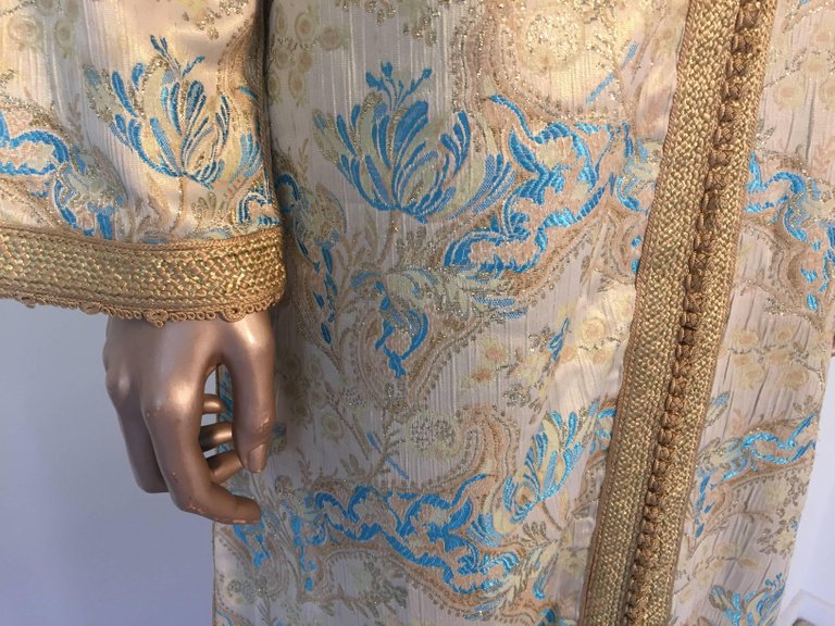Moroccan Caftan, Turquoise and Gold Brocade Kaftan Size M to L