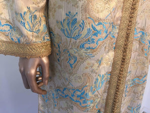 Moroccan Caftan, Turquoise and Gold Brocade Kaftan Size M to L